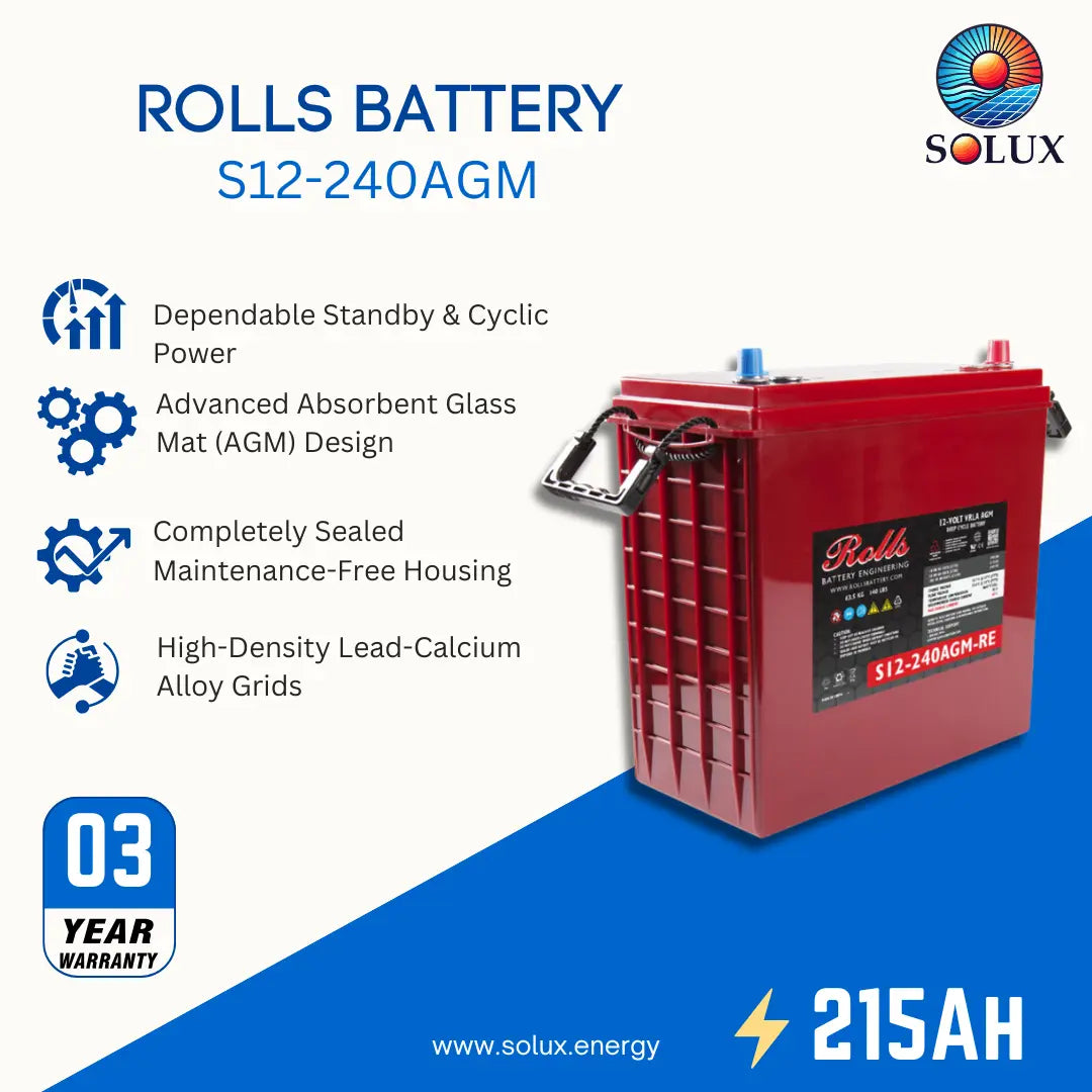 A red Rolls S12-240AGM battery shown on a promotional graphic with text callouts, a Solux logo, a 03-year warranty badge, and a 215AH rating.